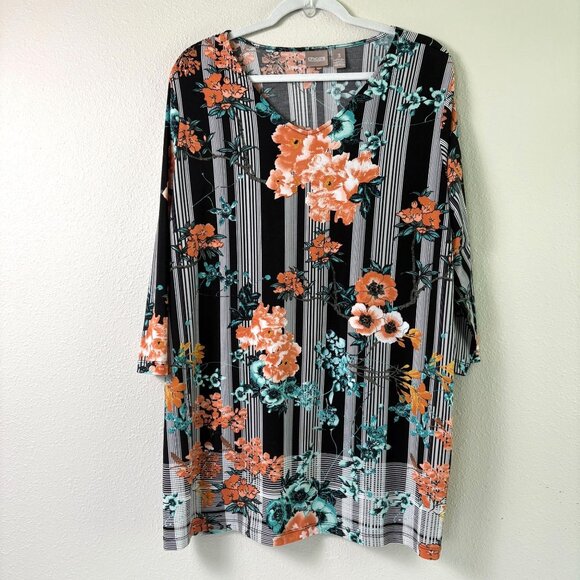 Chicos Top Womens 3 US XL Orange Blue Floral Striped 3/4 Sleeve V Neck Blouse - Picture 1 of 14